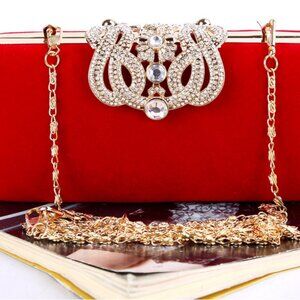 Elegant Red or Black Velvet Evening Clutch with Crystal Embellishment